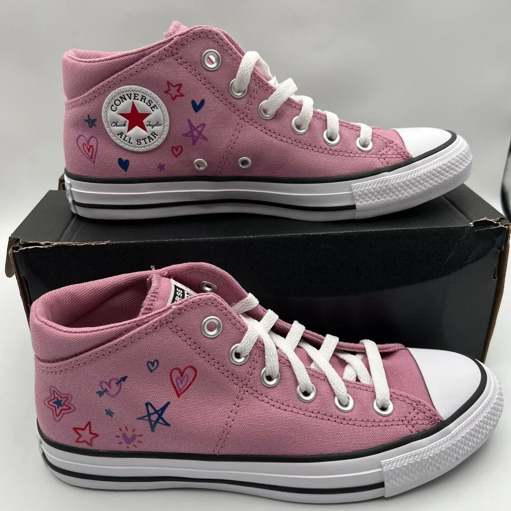 Converse CTAS Madison Mid Girls Size 7 Pink Doodle Hearts Stars Leopard Print